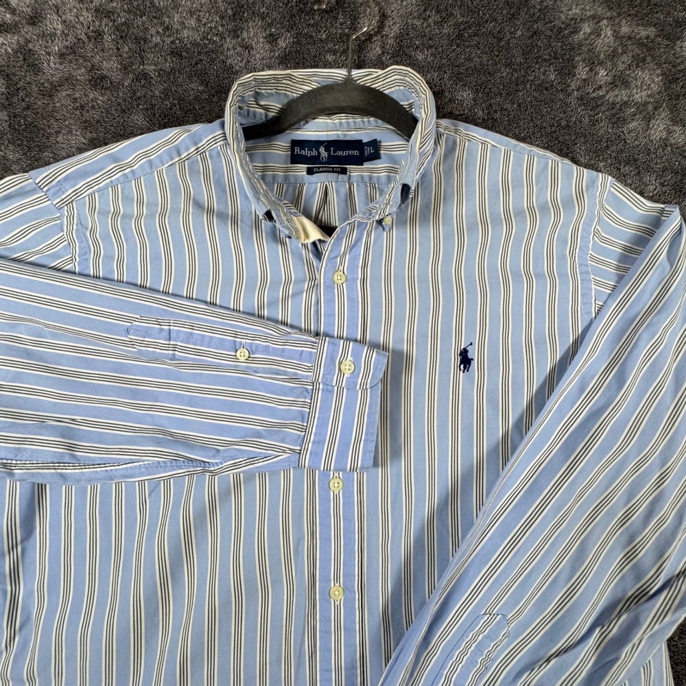 Ralph Lauren Mens Classic Fit Striped Button Down Shirt Blue White Large